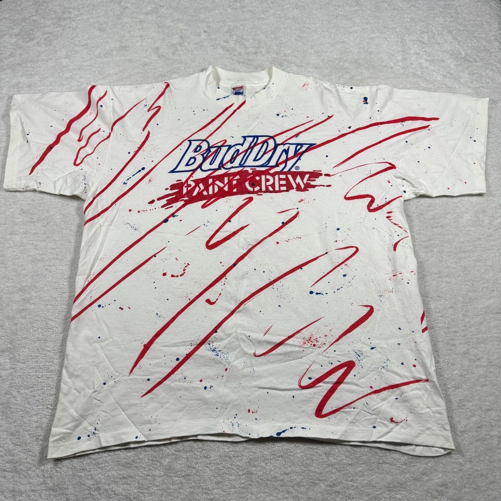 Vintage Bud Dry Paint Crew T-Shirt XXL White All Over Print 90s Made in USA